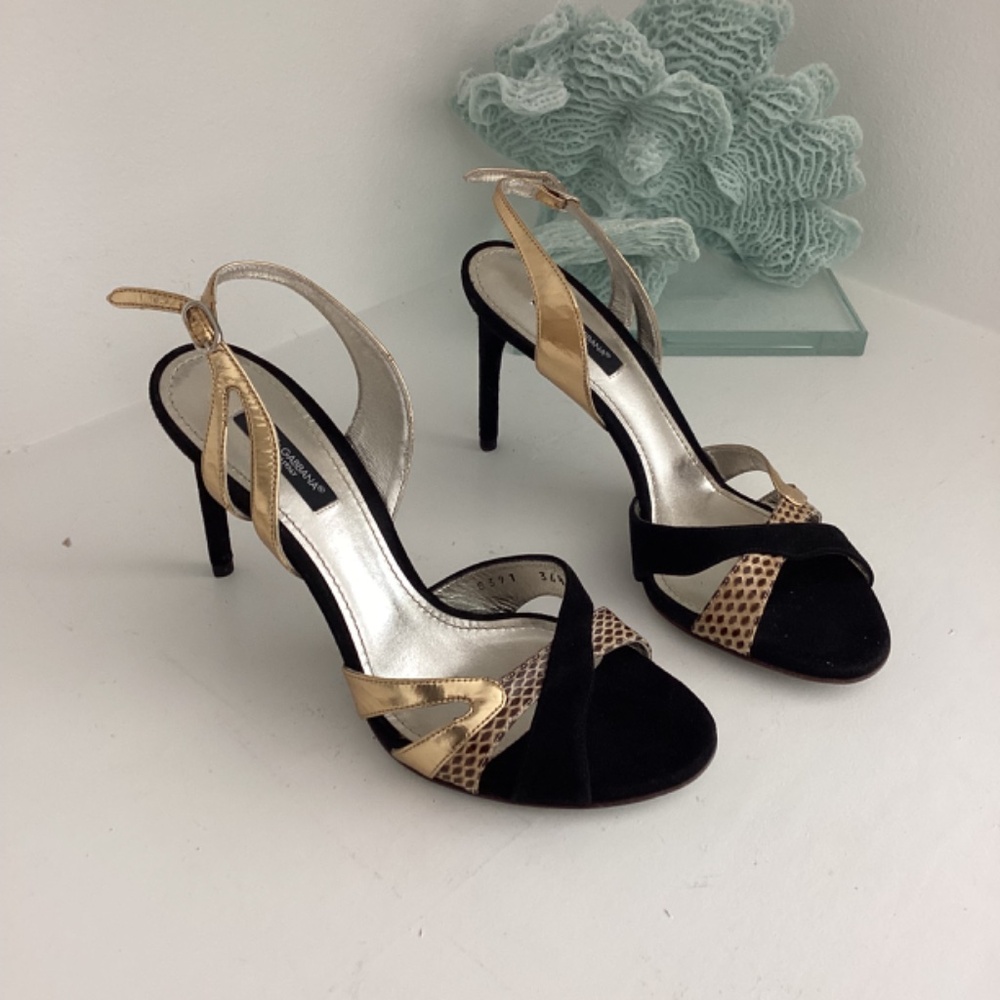 REDUCED DOLCE AND GABBANA BLACK AND GOLD SUEDE & LEATHER HEELS SANDALS 36.5 US 6 - Picture 2 of 10